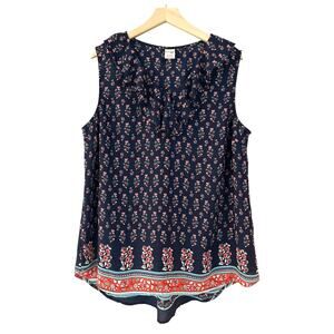 Terra & Sky Womens Sleeveless Blouse Top Navy Floral V-Neck Tank 0X W14